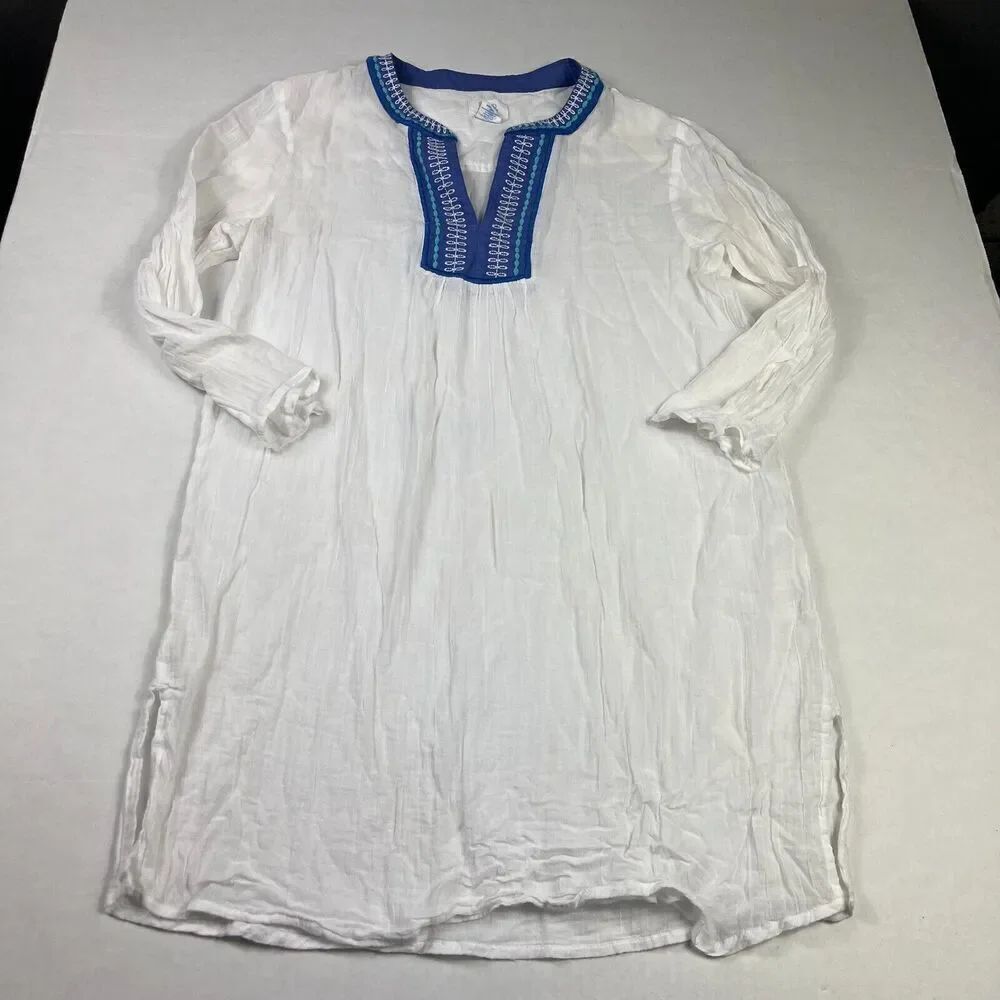 Sigrid Olsen Embroidered Caftan White 3/4 Sleeve Beach Coastal Coverup Tunic L
